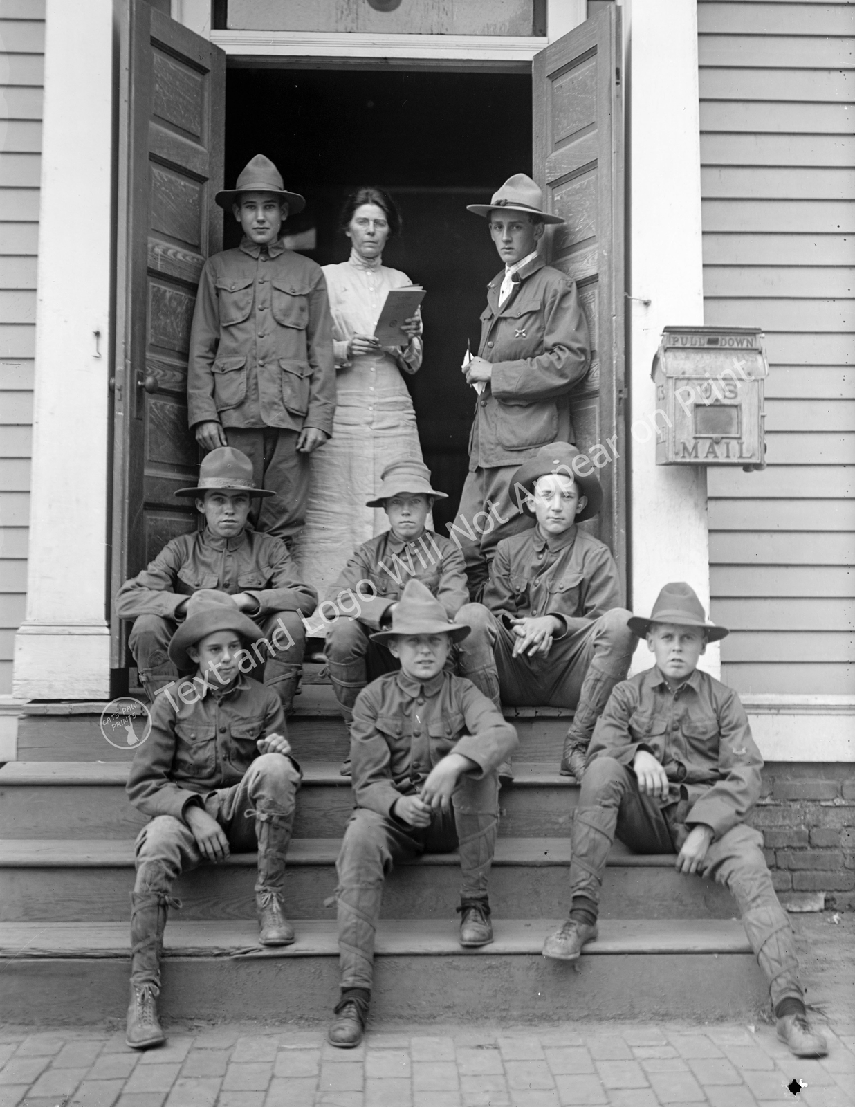 1913 Boys Scouts on Steps Vintage Old Photo 8.5" x 11" Reprint
