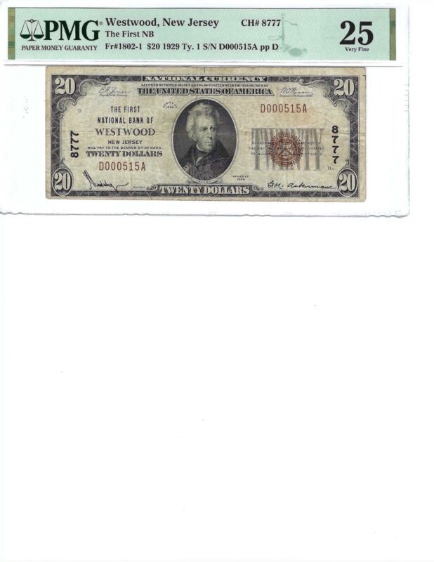 1929 $20 National Bank Note CH8777 FR1802-1 Westwood, New Jersey PMG 25 VF Stain