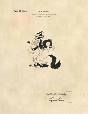Walt Disney Big Bad Wolf US Patent Art Print - Vintage Disney Antique - 544