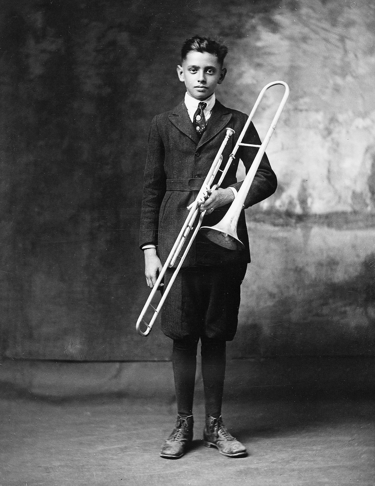 1920 Robert Carr Holding a Trombone, Kansas Old Photo 8.5" x 11" Reprint