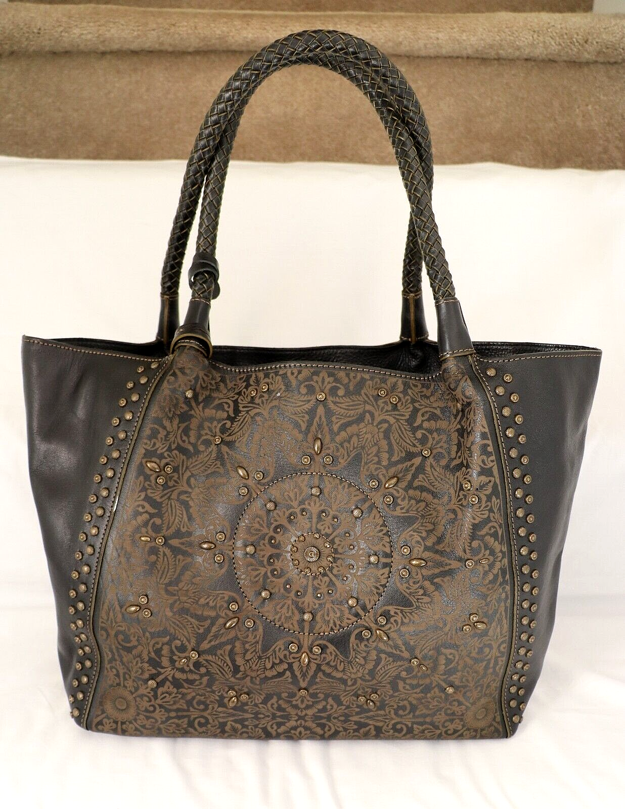 BRIGHTON Ferrara Rafaela Black Leather Studded Tote Used Twice ~ Great Condition