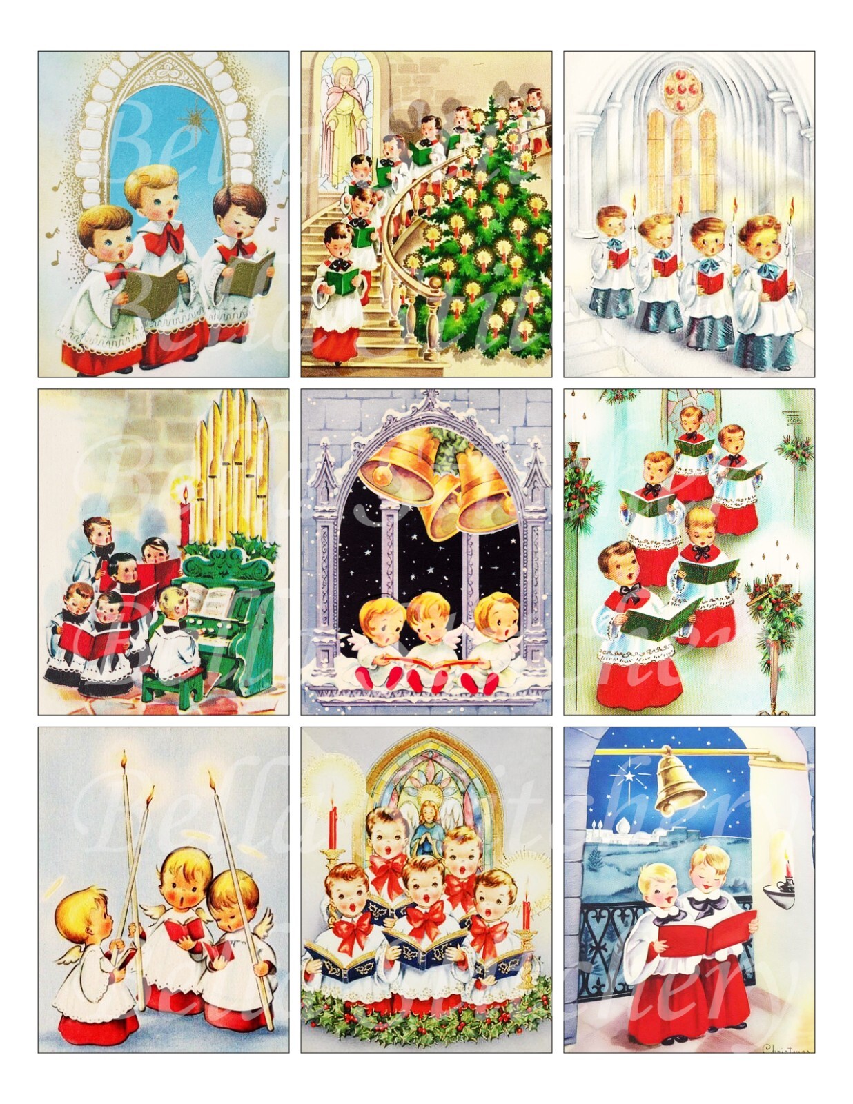 Set of 9 Vintage Retro 1950's Christmas Choir Collage STICKERS - Just Cut & Use!
