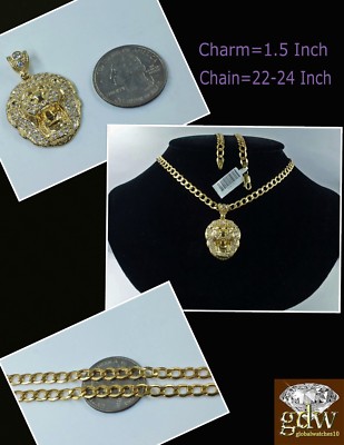 Pre-owned Globalwatches10 Real Mens 10k Gold Miami Cuban Link 26" Inch Chain With Lion Head Charm Pendant In Yellow