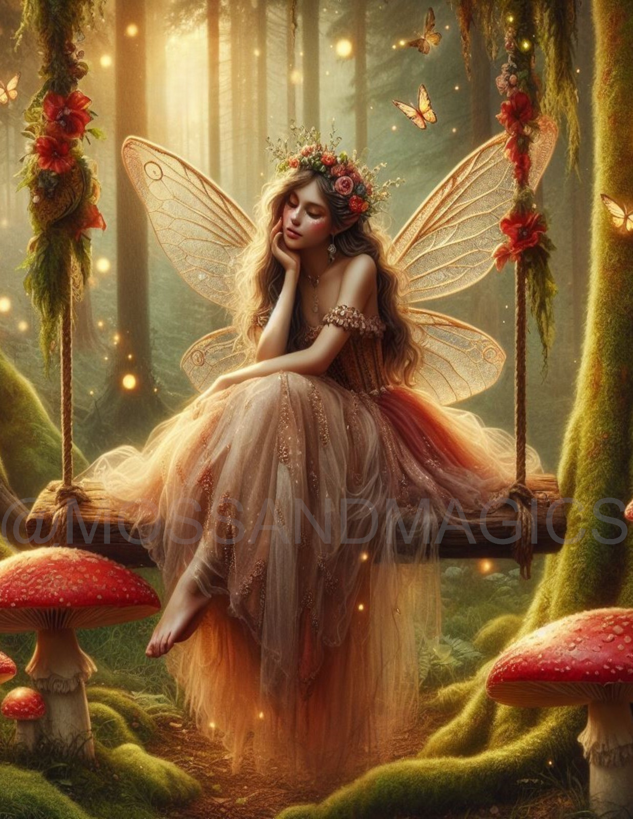 Forest Fairy Bride on swing, Mushroom, Whimsical Fantasy painting print Art