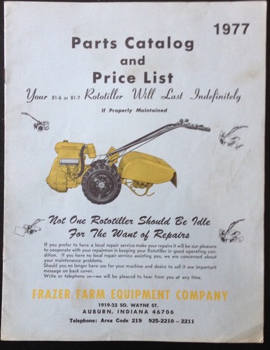 FRAZER FARM EQUIPMENT CO. AUBURN, IND. ROTOTILLER PARTS CATALOG'S (7) ISSUES-