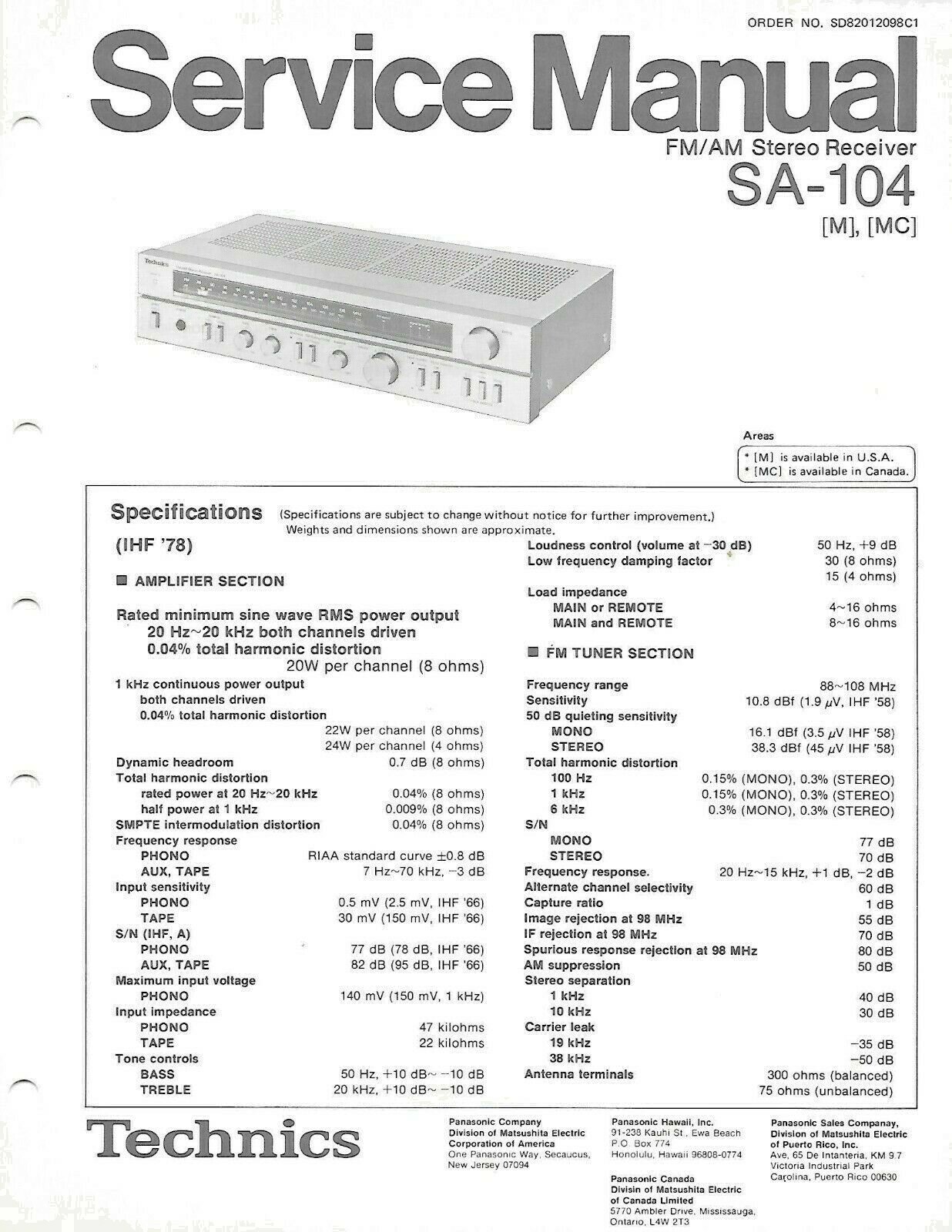 TECHNICS SA-104 Stereo Receiver FACTORY SERVICE MANUAL