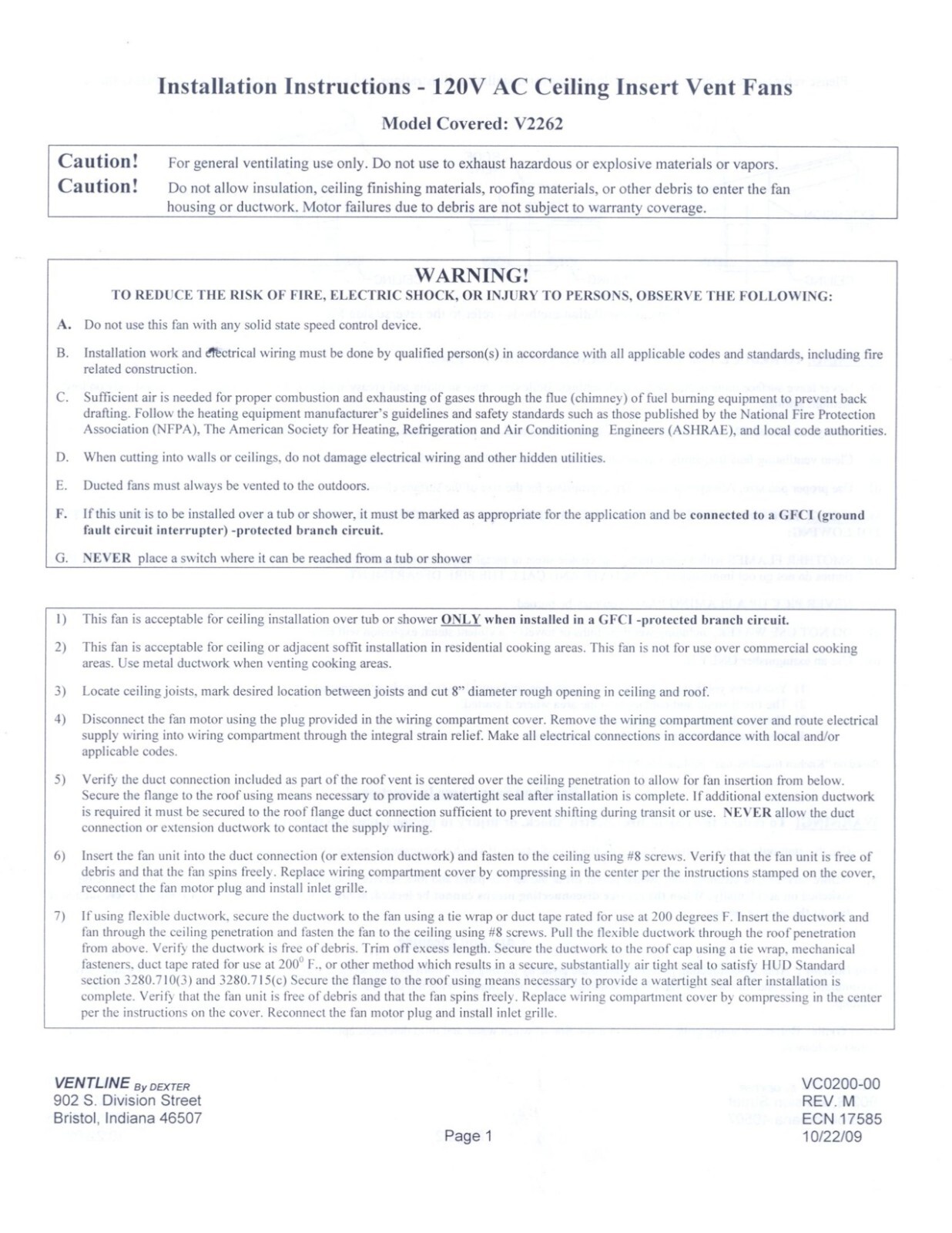 Ventline V2262-50 Bathroom Vent Ceiling Fan No Light 2262-50 Mobile Home NEW