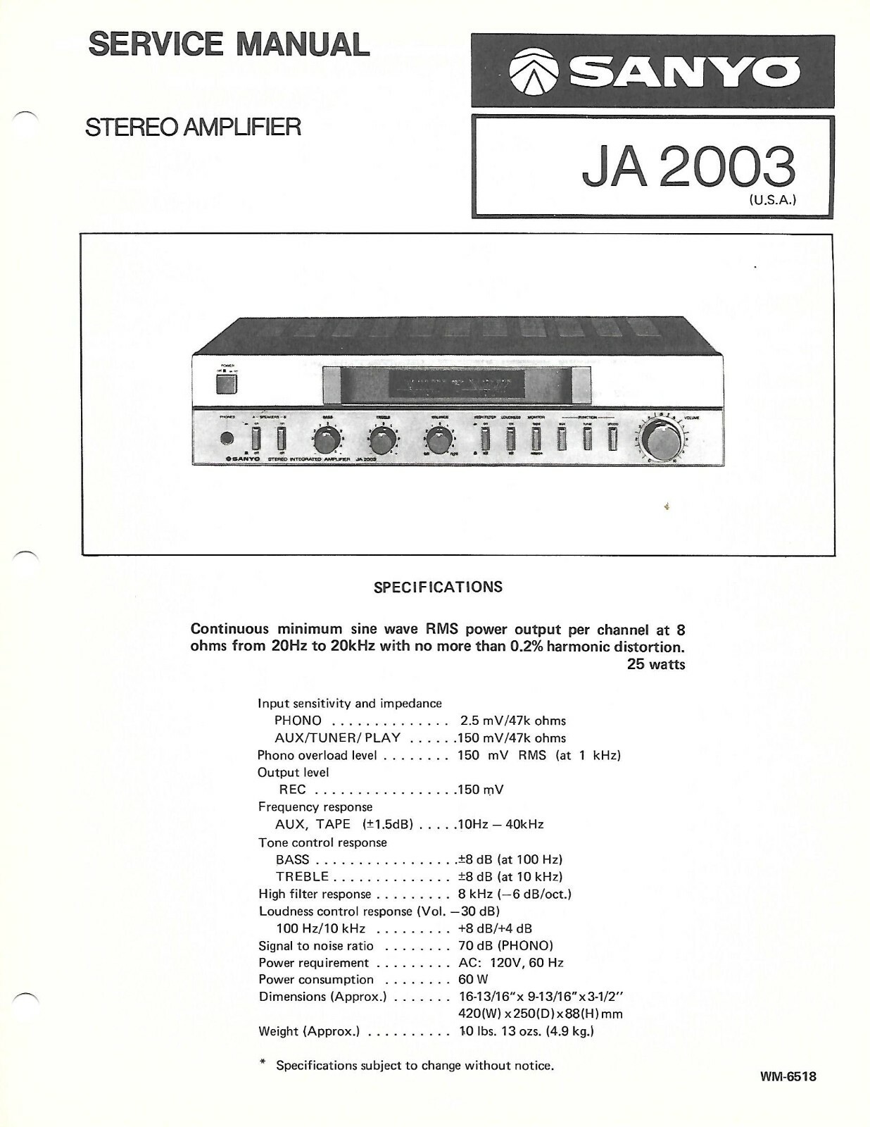 SANYO JA 2003 STEREO AMPLIFIER FACTORY SERVICE MANUAL SANYO JA 2003 STEREO AMPLIFIER FACTORY SERVICE MANUAL
