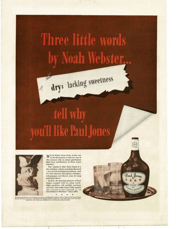 1937 Paul Jones Whiskey definition of dry Lacking sweetness Vintage Print Ad
