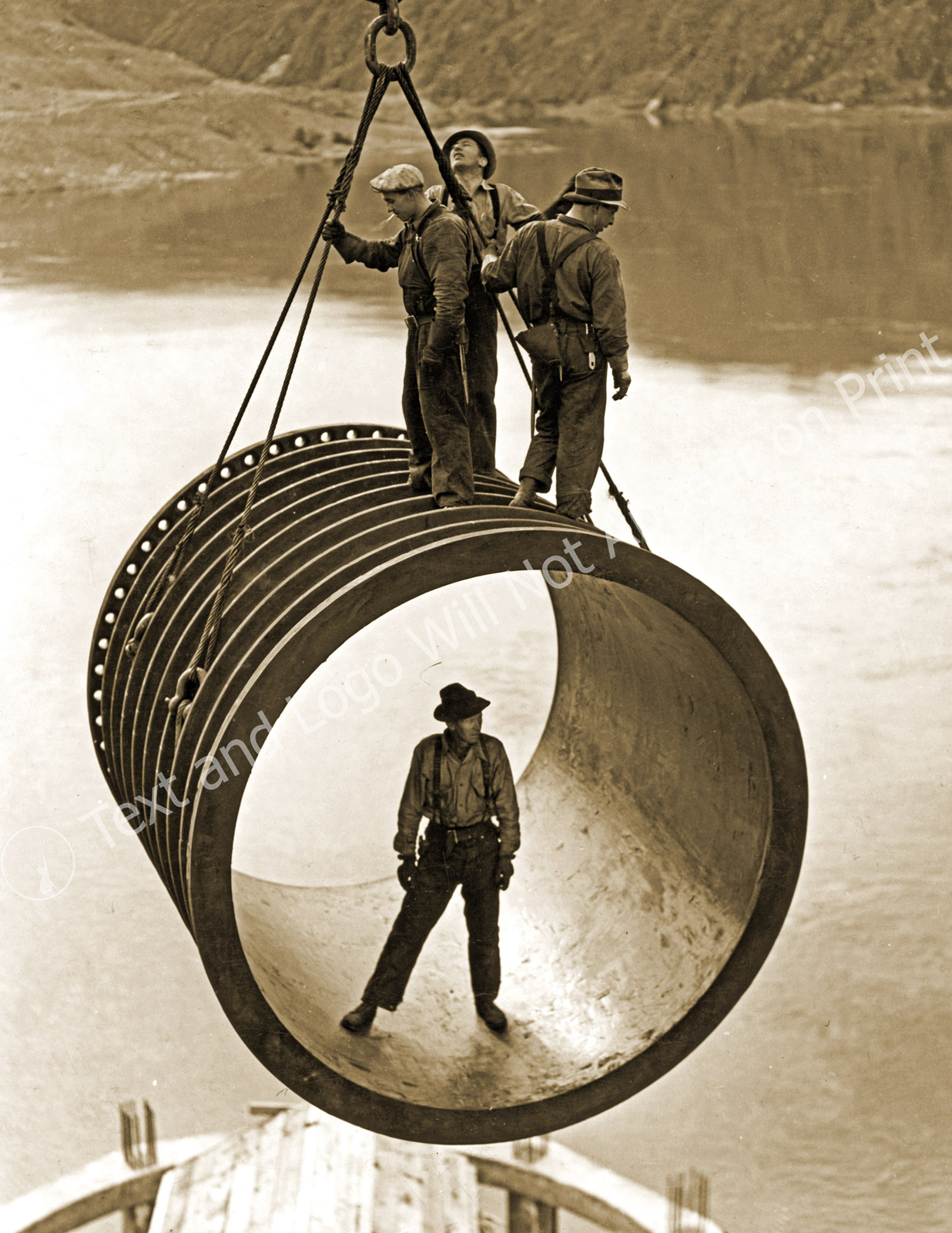 1936-46 4 Men Riding a Pipe, Grand Coulee Dam, WA Old Photo 8.5" x 11" Reprint