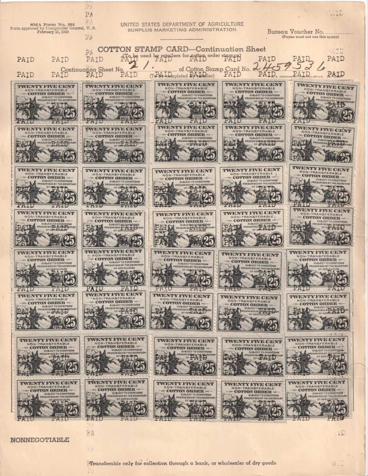 Cotton order stamp card USDA SMA 1940 Form 501 w IG5 80 Paid