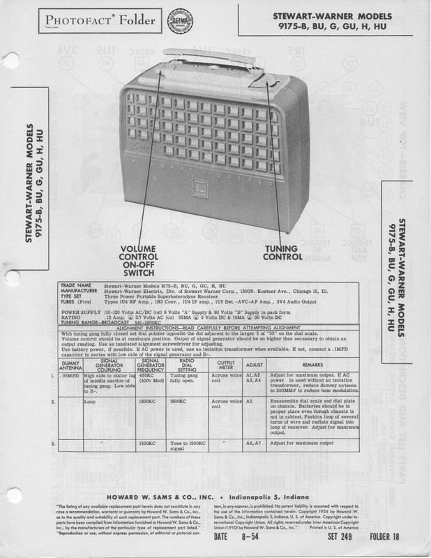 1954 Stewart Warner 9175 B Radio Service Manual Photofact Schematic Bu G Gu H Hu Ebay