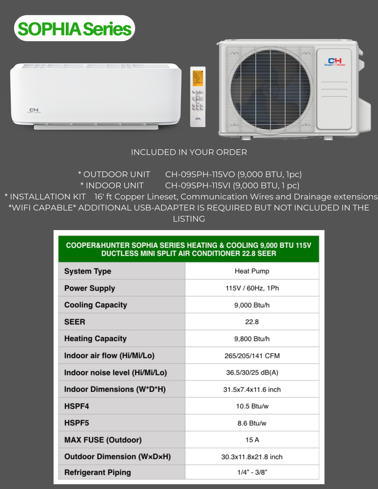 9000 BTU 115V 22.8 SEER Sophia Series Mini Split Heat Pump Air Conditioner