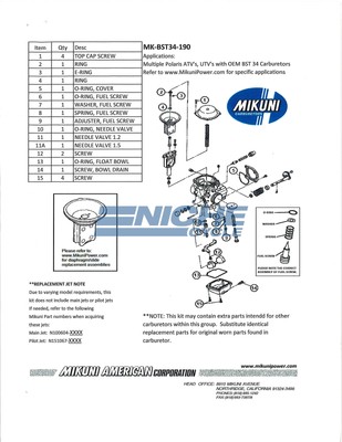 Genuine Mikuni OEM Carburetor Rebuild Kit for Polaris ATV & UTV MK-BST34-190