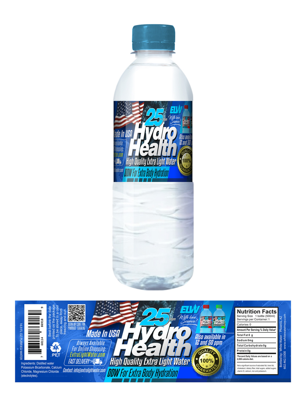 Deuterium Depleted Water 25 ppm Hydro Health  24 pcs x 500ML,free S&H to Cont.US