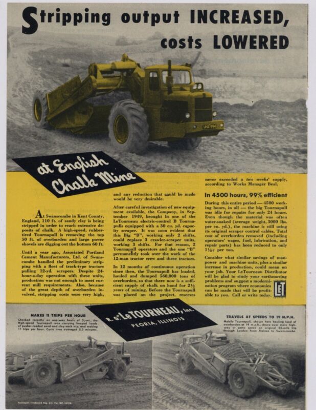 1951 LeTourneau Ad: Swanscombe, Kent County England - Chalk Mine Operation