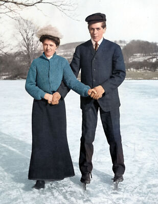1904 Couple Ice Skating, Wilbraham, MA Old Photo 8.5" x 11" Reprint Colorized