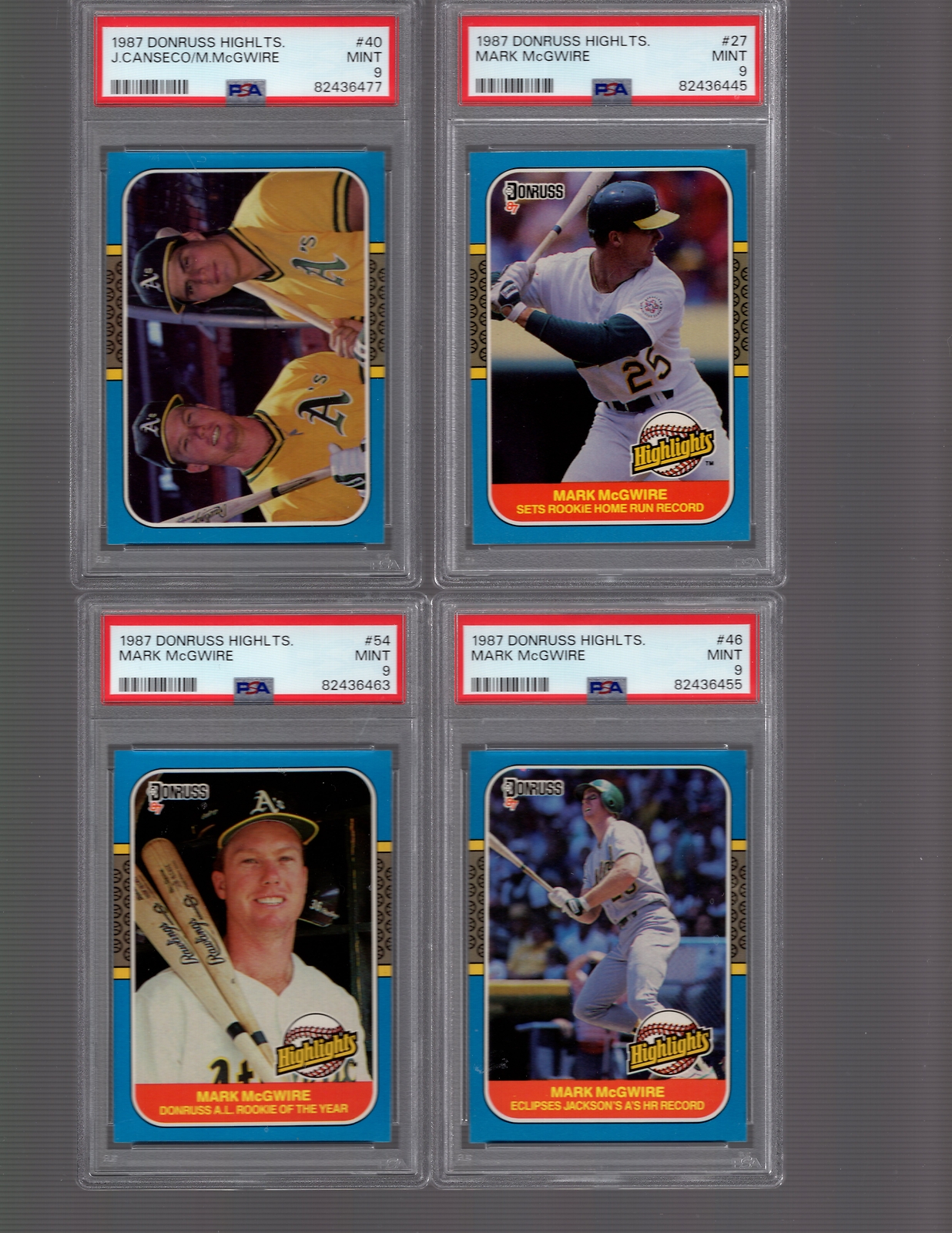 1987 Donruss Highlights MCGWIRE CANSECO Rookie Rc #27 #40 #46 #54 PSA 9 LOT X 4