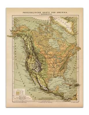Antique MAP OF AMERICA Vintage 1882 Wall Decor Poster Art, German Reprint 17x22''