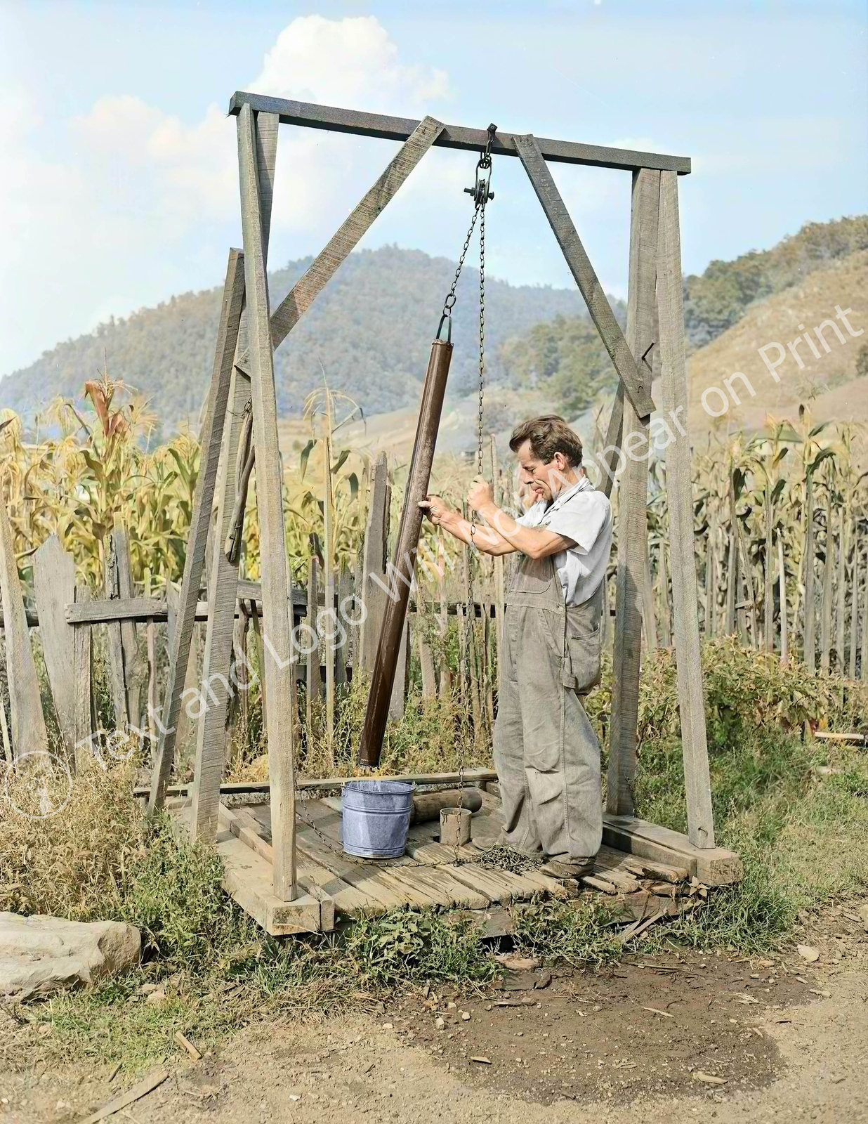 1946 Man Getting Water from Well, Four Mile, KY Old Photo Reprint Colorized