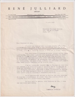1862. Lettre signée. Christian Bourgois. Littérature. Edition. René Julliard. RR