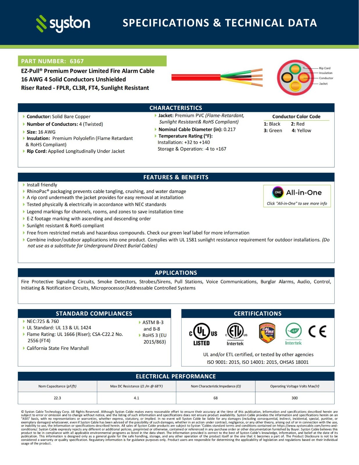 Syston 16/4 Fire Alarm Cable FPLR Unshielded Copper Wire - 100 ft/250 ft/1000 ft