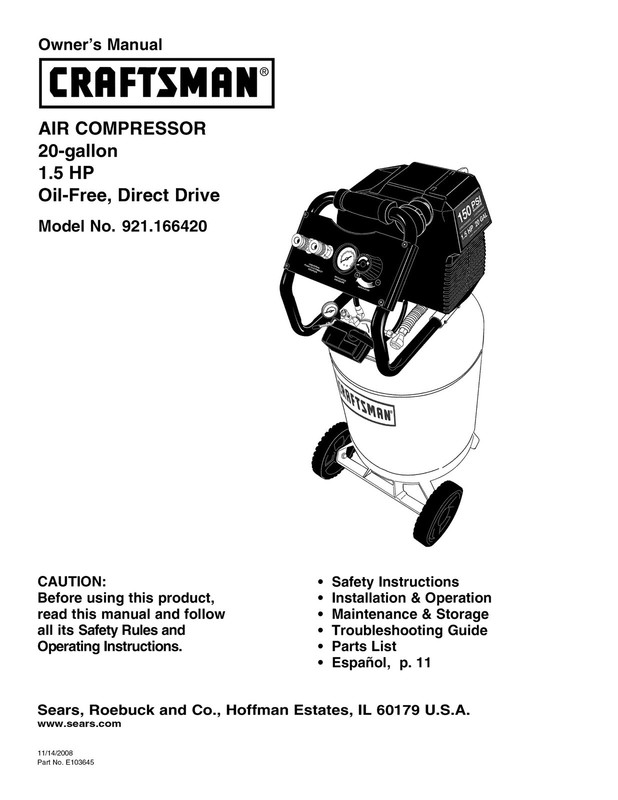 Owner's Manual & Parts List Craftsman Portable Air Compressor