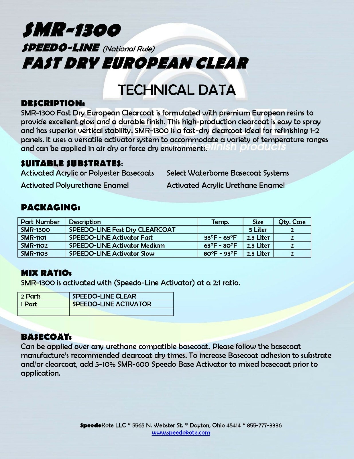 Fast Cure European Clear Coat, SMR-1300/1101 7.5 Liter Euro Clearcoat w/Cool Act