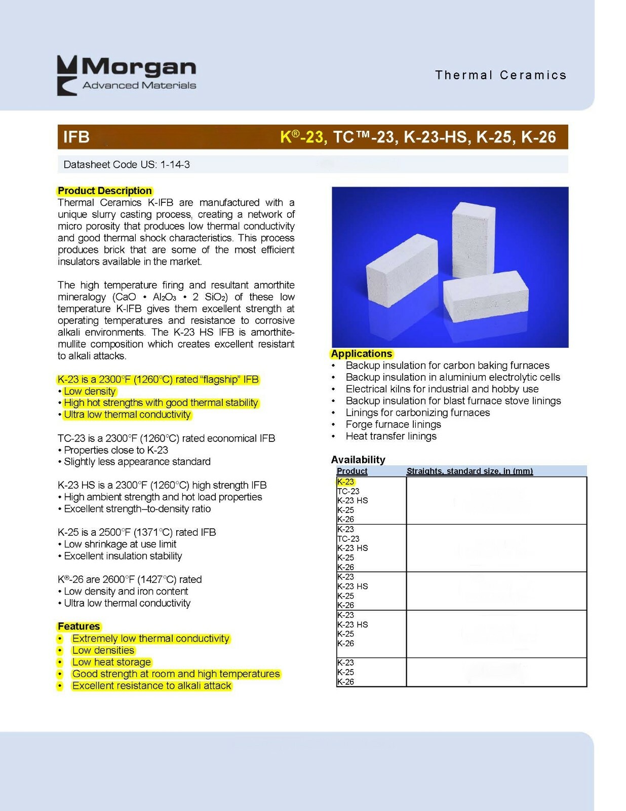 K23 Insulating Firebrick 9 x 4.5 x 2.5 Fire Brick Thermal Ceramics 2300F Qty 1