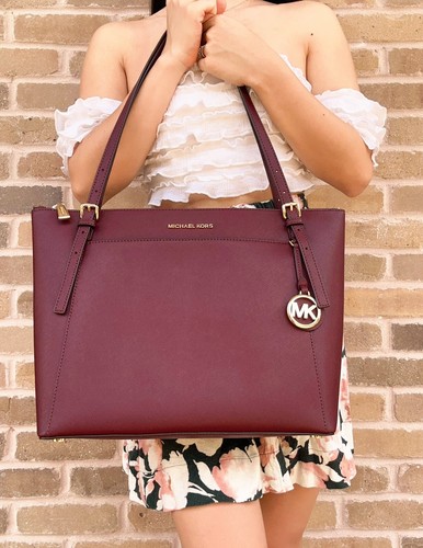 Michael Kors Voyager Large East West Front Pocket Tote Bag Leather Merlot