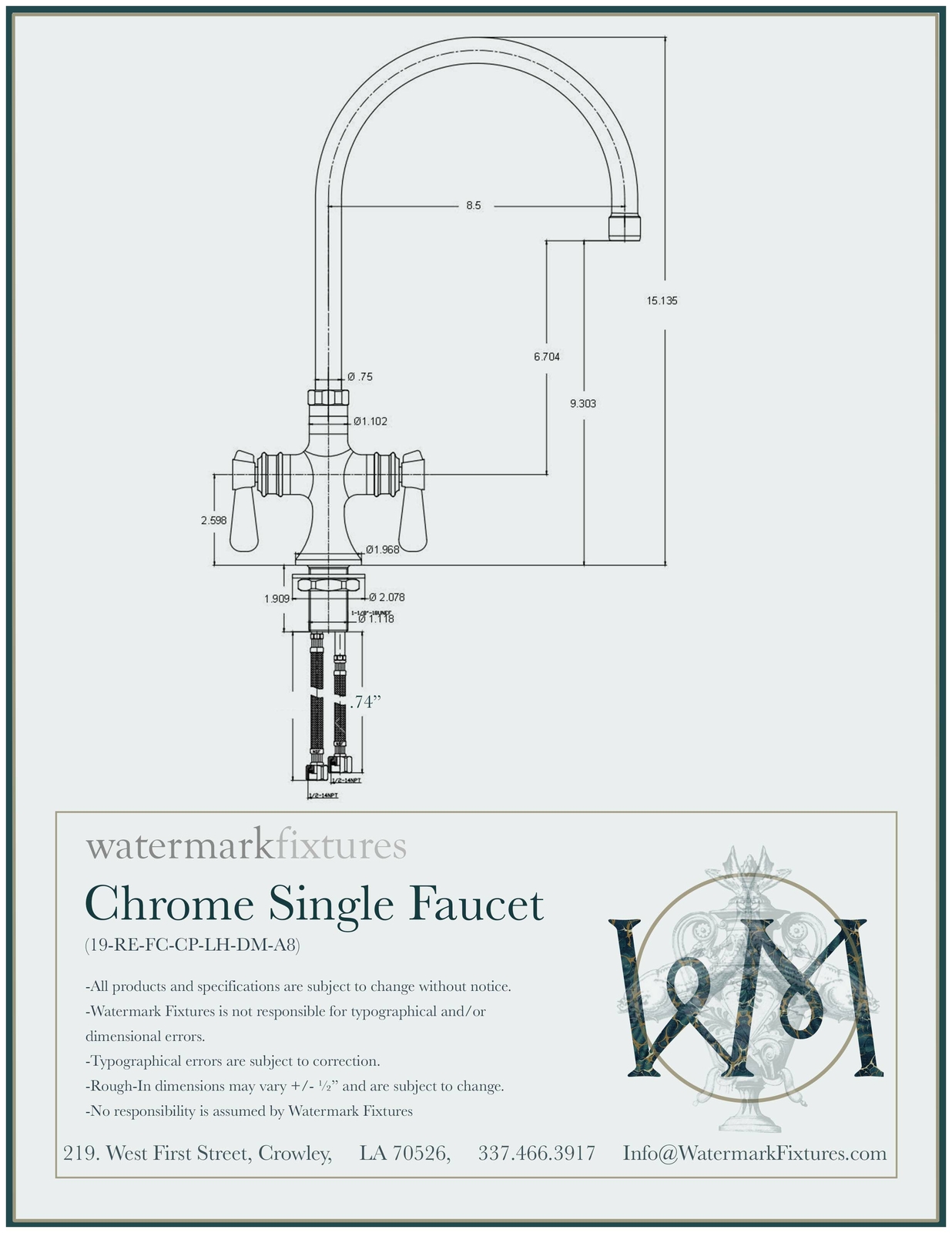 Industrial Single Hole Chrome Deck Mount Faucet Arched 8" Spout w/ Lever Handles