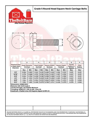 3/8"-16 Grade 5 Full Thread Round Head Carriage Bolts Zinc (Pick Length & Qty)