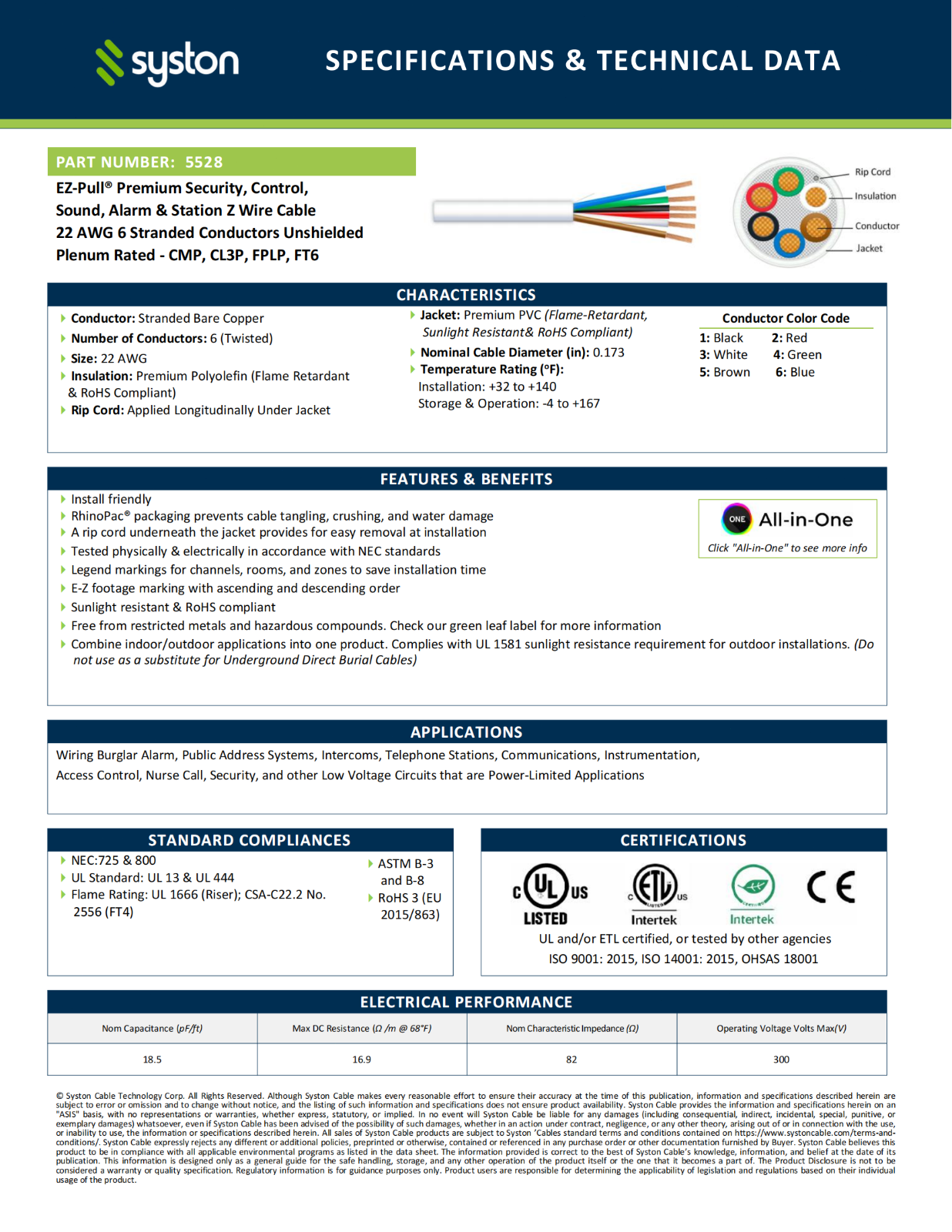 Syston 22/6 Fire Security Burglar Station Alarm Wire Control Cable-CL3P Unshield
