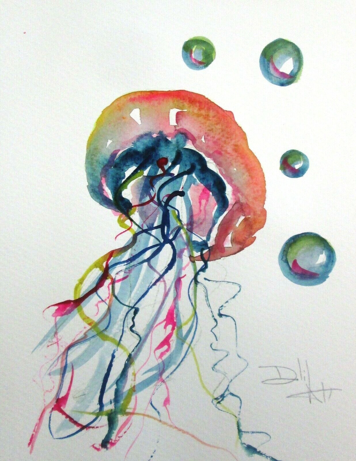 Jellyfish fish bubbles animal 12x9 watercolor painting art Jellyfish fish bubbles animal 12x9 watercolor painting art