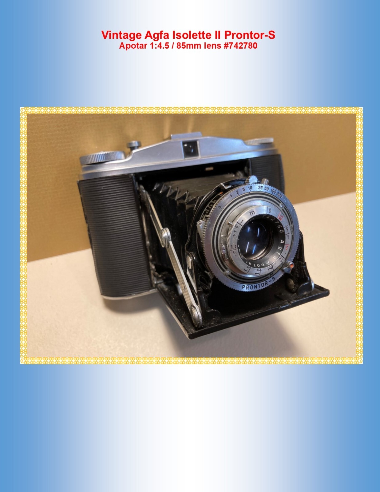 Vintage Agfa Isolette II Prontor-S w/Apotar 1:4.5 / 85mm lens