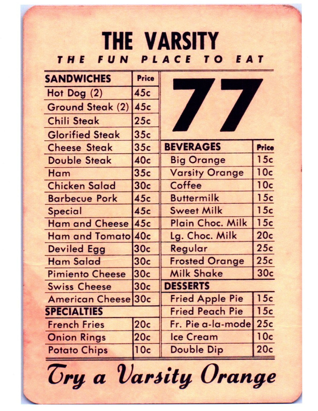 EARLY THE VARSITY ATLANTA GEORGIA MENU 8.5X11 GLOSSY REPRINT 