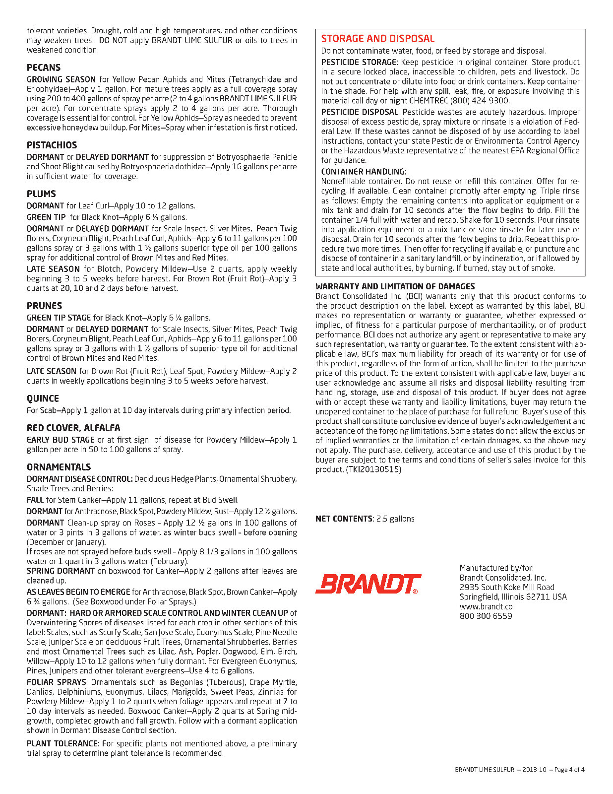 Lime Sulfur 29% Calcium Polysulfide Concentrate Brandt Brand