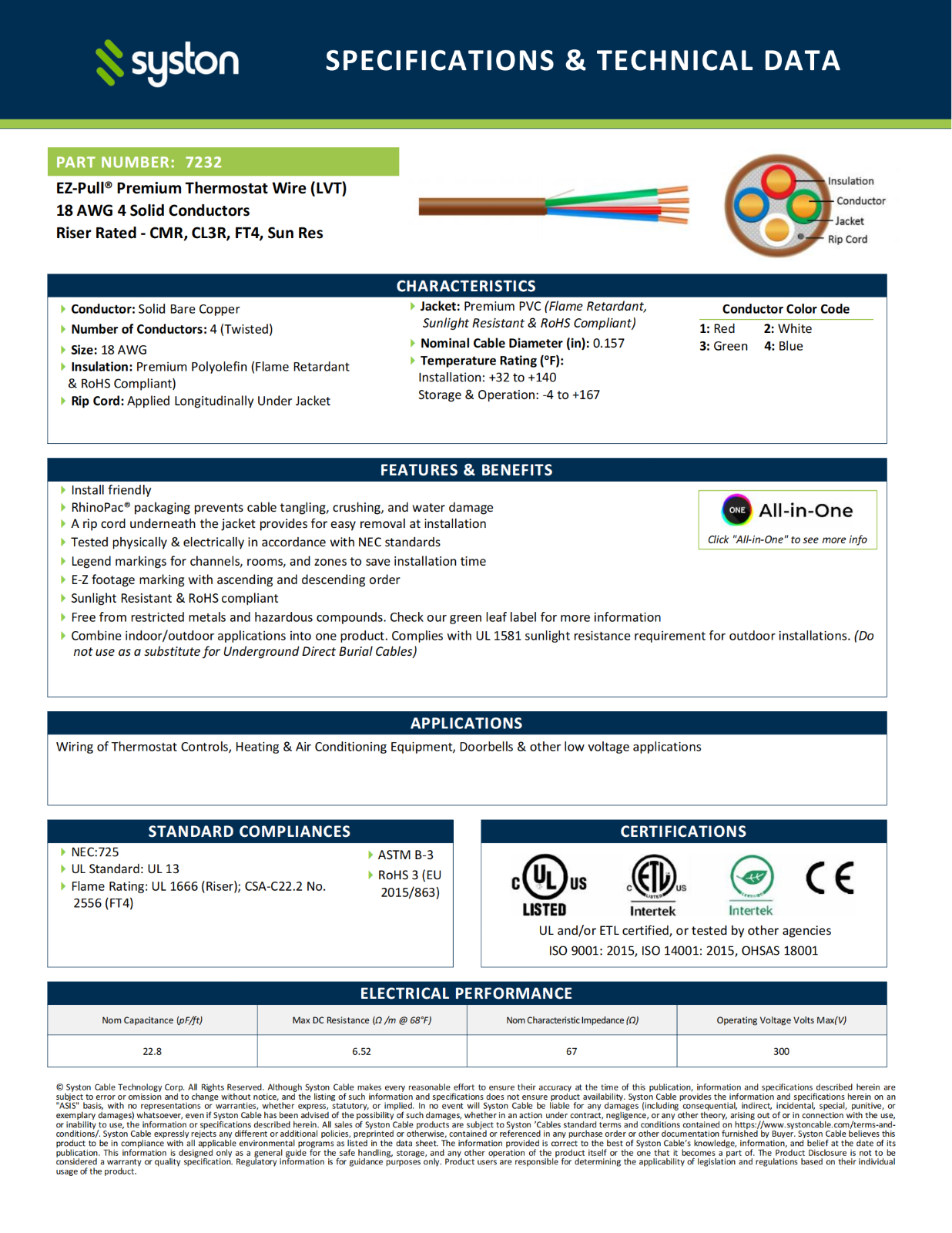 Syston 18/4 Thermostat HVAC Wire 100% Solid Copper CL3R/FT4/CMR (Riser-Rated)