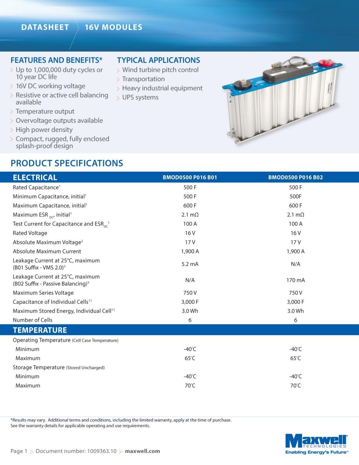MAXWELL BMOD0500 P016 B02 Maxwell Technologies 500F Supercapacitor 16V Electric