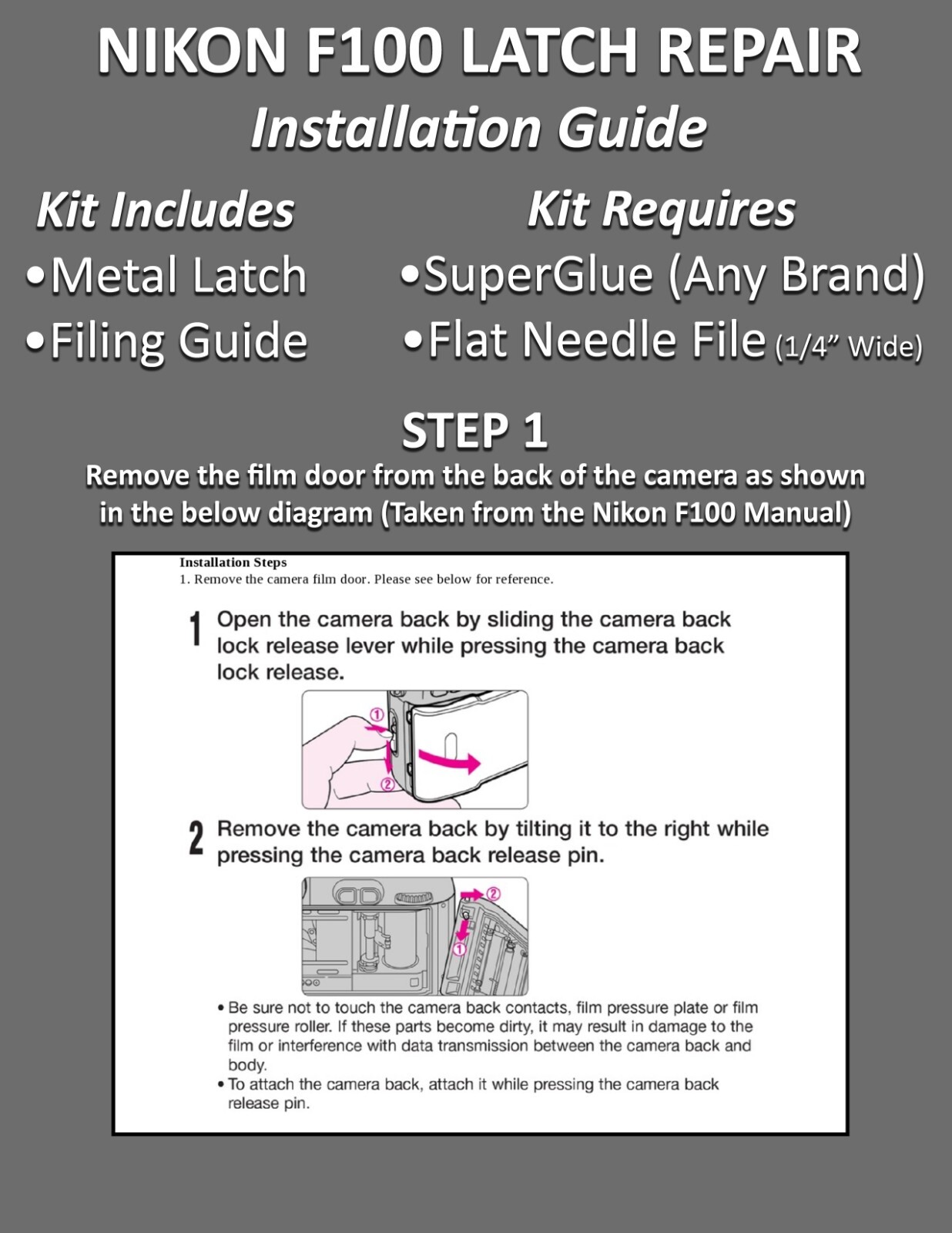 Nikon F100 Back Film Door Broken Latch Metal Repair Kit