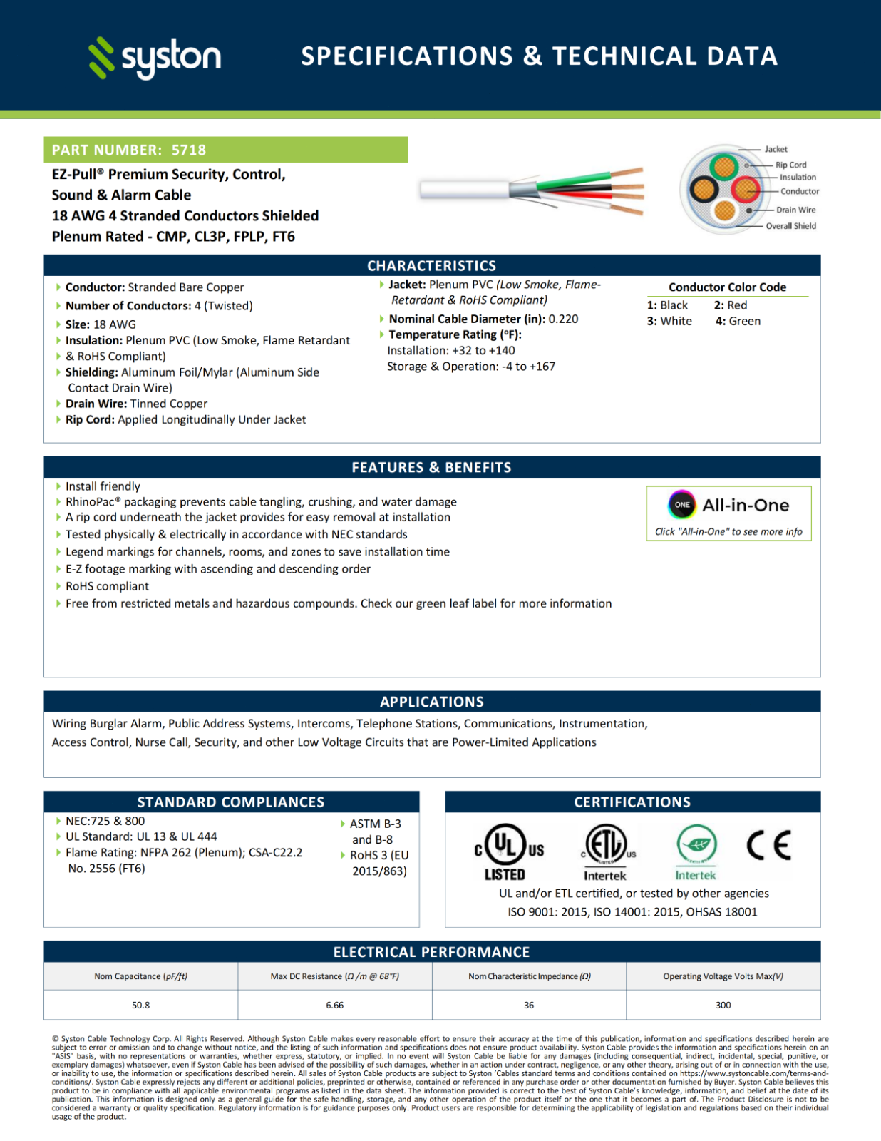 Syston 18/4 Fire Security Burglar Station Alarm Control Cable Wire-CL3P Shielded