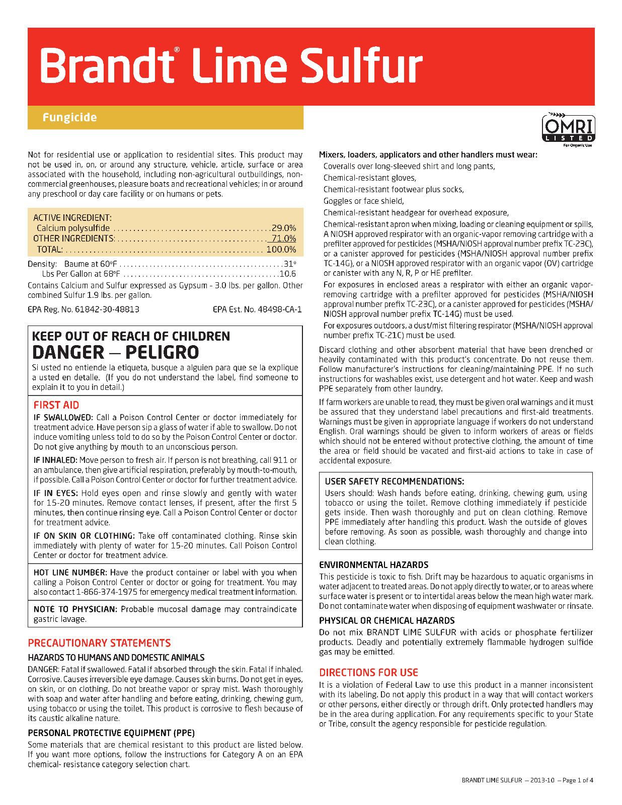 Lime Sulfur 29% Calcium Polysulfide Concentrate Brandt Brand