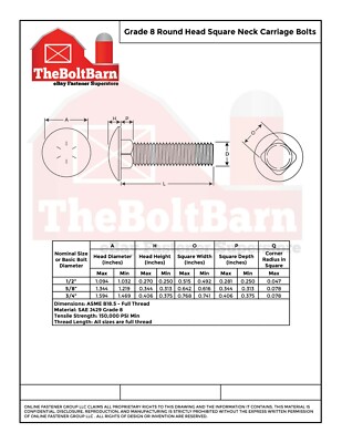 5/8"-11 Grade 8 Full Thread Round Head Square Carriage Bolts (Pick Length & Qty)