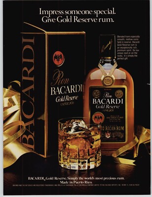 1983 Ron Bacardi Gold Reserve Rum Vintage Print Ad Elegant Bottle Art Photo 