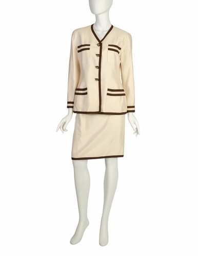 Chanel Vintage Cream Raw Silk Shantung Brown Stripe Jacket and Skirt Suit