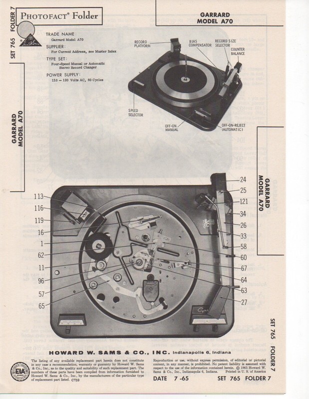 1965 GARRARD A70 RECORD PLAYER CHANGER SERVICE MANUAL PHOTOFACT SCHEMATIC REPAIR