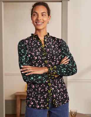 Boden Ruffle Silk Shirt Black And Azalea, Floral Sprig Size 10 NWOT 100% Silk
