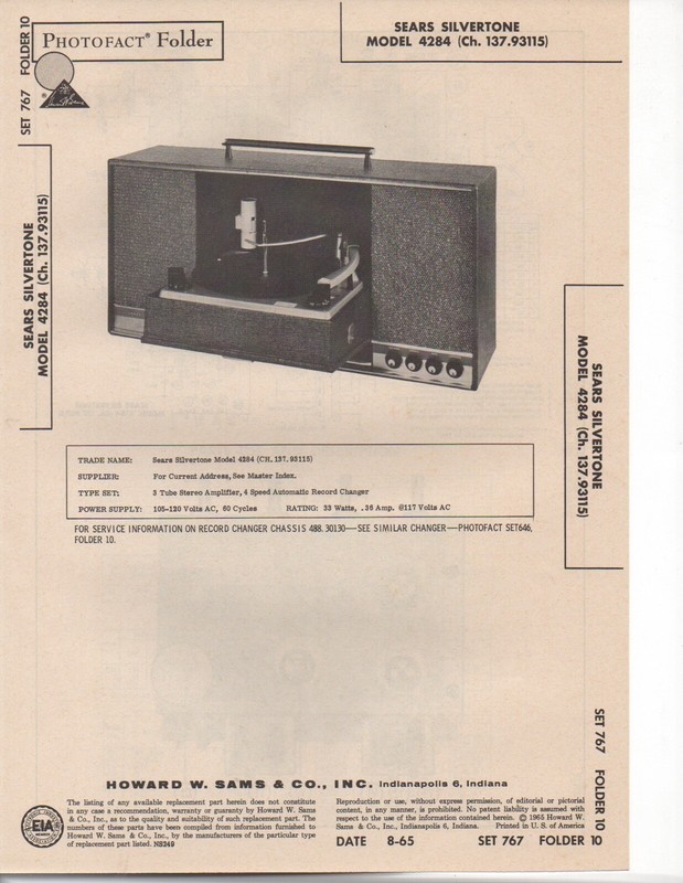 1965 SEARS SILVERTONE 4284 RECORD PLAYER CHANGER AMP SERVICE MANUAL PHOTOFACT