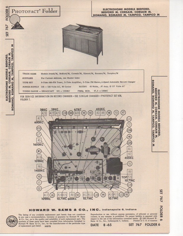 1965 ELECTROHOME BEFORD M CORSAIR ROMANO TAMPICO RADIO SERVICE MANUAL PHOTOFACT
