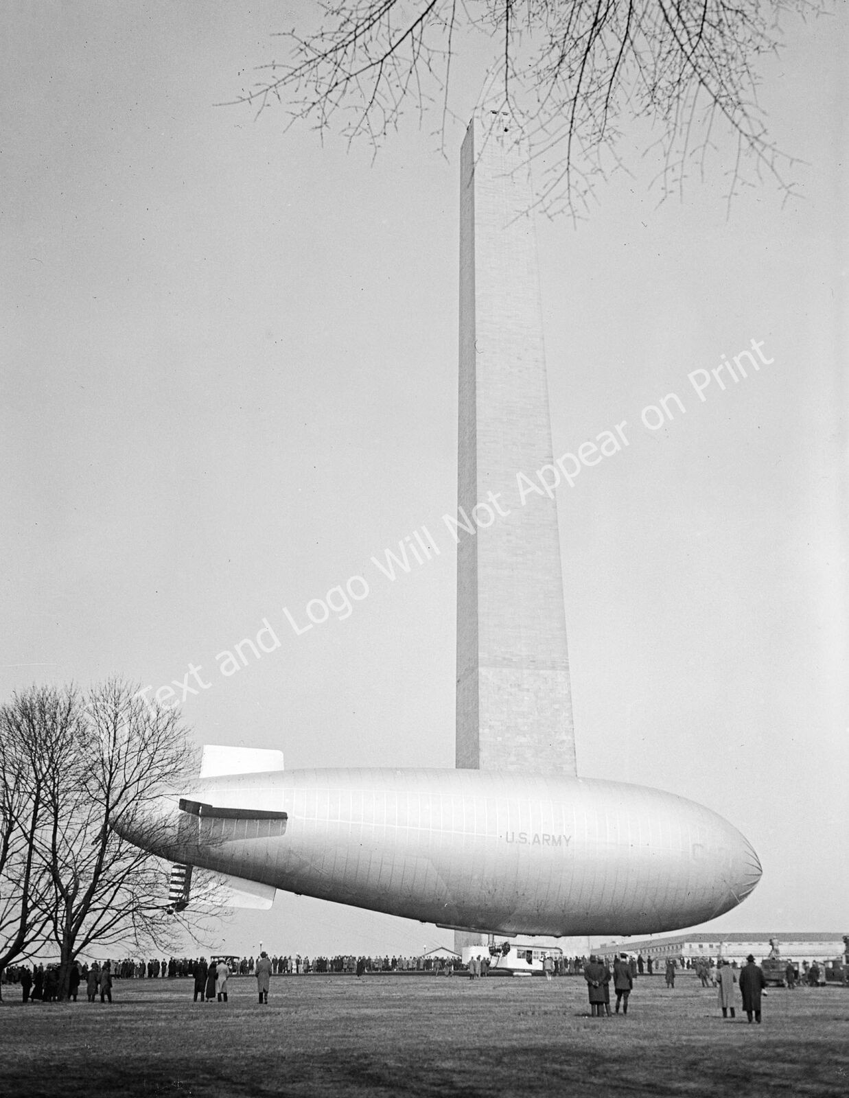 1932 US Army Blimp at the Washington Monument, DC Old Photo 8.5" x 11" Reprint